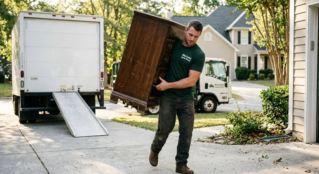 Crew member hauling an old wooden dresser to the truck in a Marietta neighborhood
