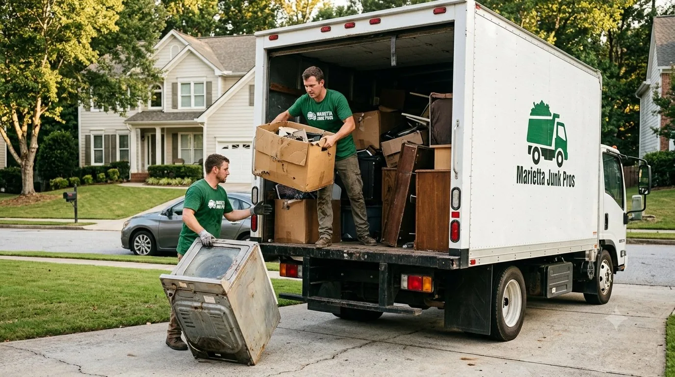 Two Marietta Junk Pros crew members loading furniture and boxes into the branded box truck