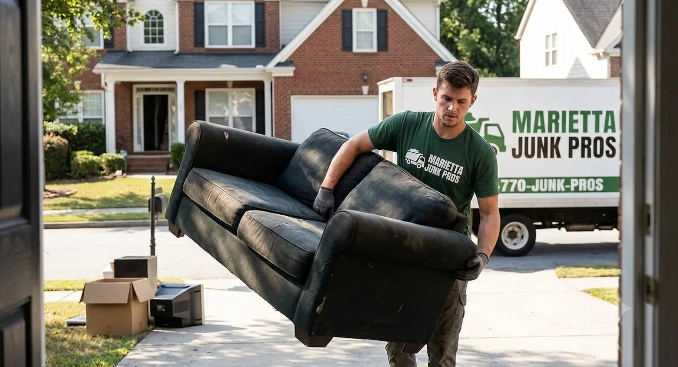 Marietta Junk Pros crew member carrying an old couch to the branded junk removal truck in Marietta GA