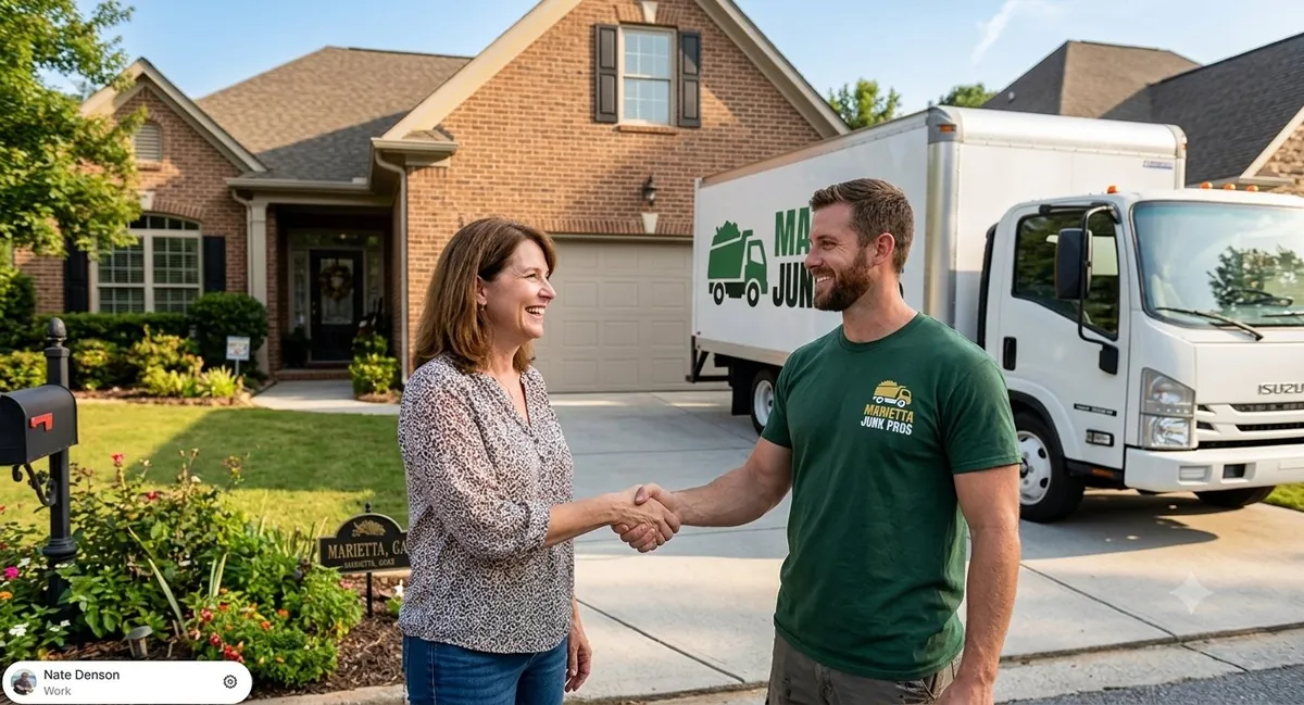 Happy Marietta customer shaking hands with a Marietta Junk Pros crew member by the branded truck
